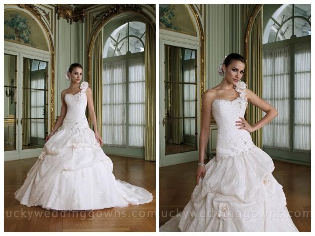 One-shoulder Bridal Ball Gown with Pick-up Lace Skirt
