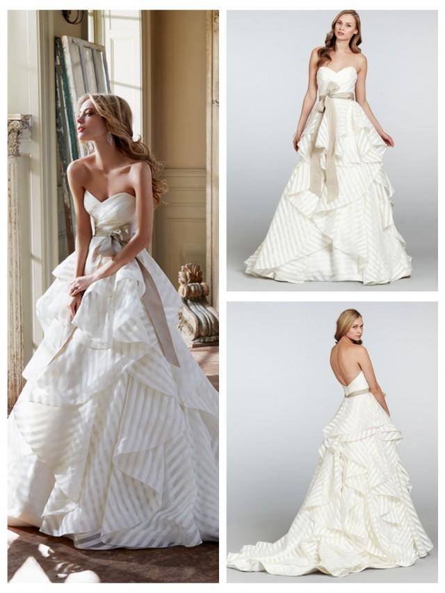 Ivory Striped Organza Strapless Sweetheart Wedding Dress with Flounced Skirt