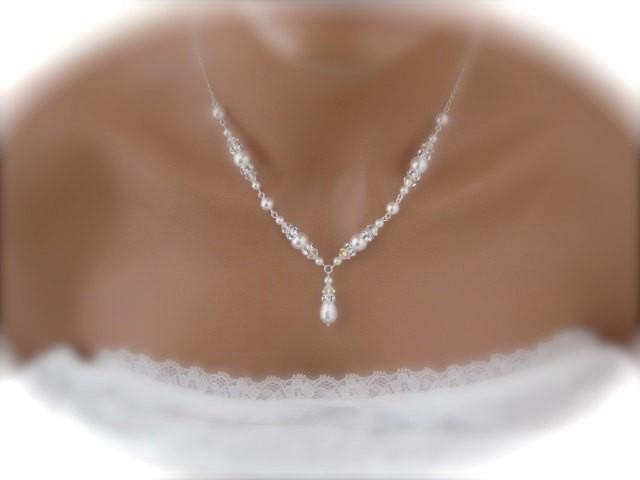 wedding photo - bridal jewelry pearl necklace rhinestone necklace Swarovski pearl and crystal Wedding Jewelry White Pearl Wedding Necklace