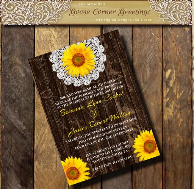 wedding photo - Printable Wedding Invitation BARNWOOD SUNFLOWER Doily Flower Sunflower invitations Country wedding Rustic Bridal Shower Birthday invitations