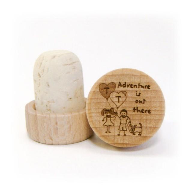 wedding photo - Engraved Wood Wine Stopper Wedding Favor - Up Inspired "Adventure Is Out There" Wood Bottle Cork with Initials. Can customize for same sex.