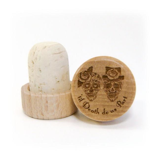 wedding photo - Personalized Wine Stopper Wedding Favor - Rustic Sugar Skull 'Til Death Do Us Part Custom Design Laser Engraved with your Initials & date