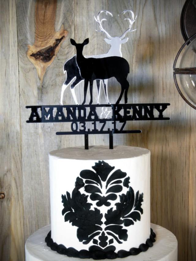 wedding photo - Buck and Doe / Deer Couple - Personalized Wedding Cake Topper - Black and Mirrored Acrylic Glass - Can be customized for same sex wedding