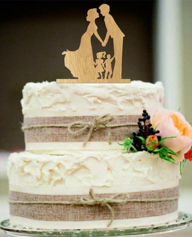wedding photo - family Wedding Cake Topper,Bride and Groom with little girl and little boy silhouette,Unique wedding cake topper,Rustic Wedding cake toppe