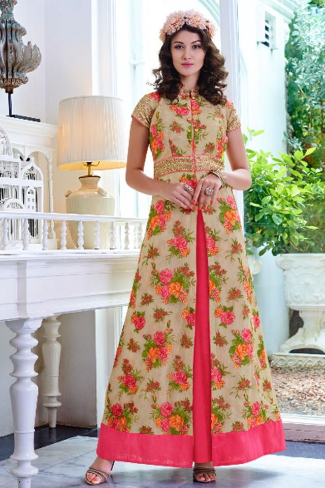 wedding photo - Cream multi colour & mithai pink pure cotton silk lovely gown
