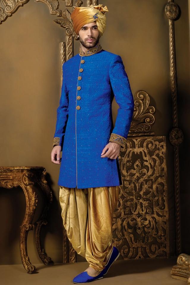 wedding photo - Royal blue & gold self embossed silk suave sherwani