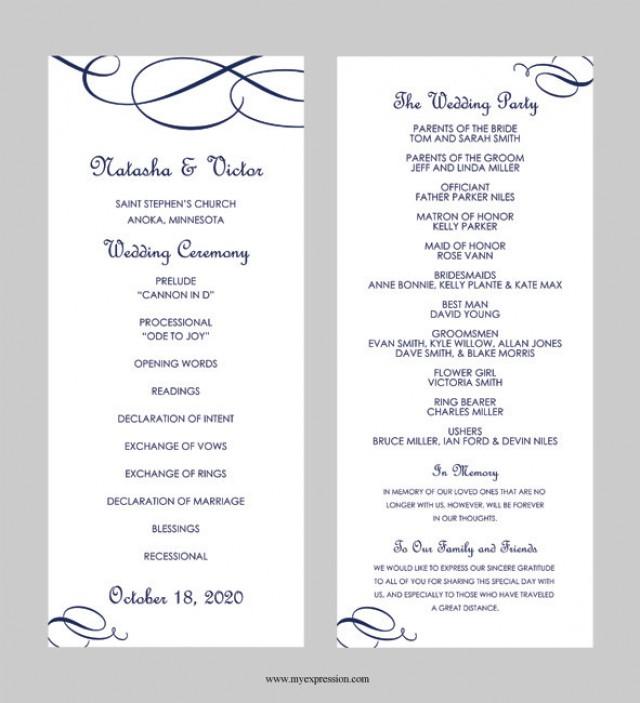 Wedding Program Template Tea Length Calligraphic Flourish Navy Blue Instant Download Do It Yourself Wedding Programs Templates Free