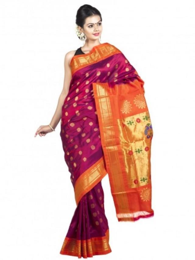 wedding photo - Rich purple paithani saree with orange borders