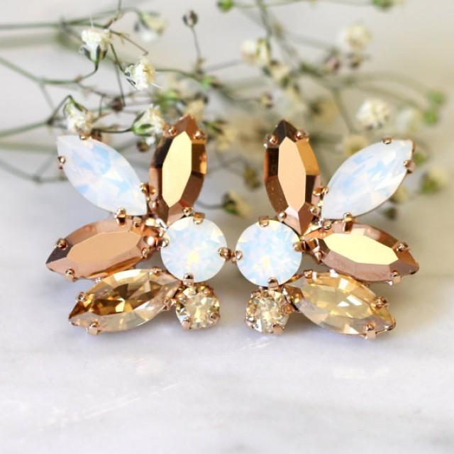 wedding photo - Rose Gold Champagne Cluster Earrings,Swarovski Crystal Earrings,Bridal Rose Gold Earrings,Bridesmaids Earrings,White Opal Champagne Studs