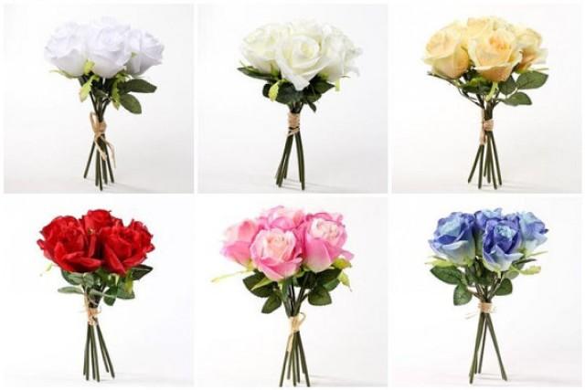 wedding photo - 10 Pc. Custom Rose Bouquet Set, Bride's Bouquet, Maid of Honor Bouquet, 3 Bridesmaids Bouquets, 5 Boutonnieres 6 colors to choose from