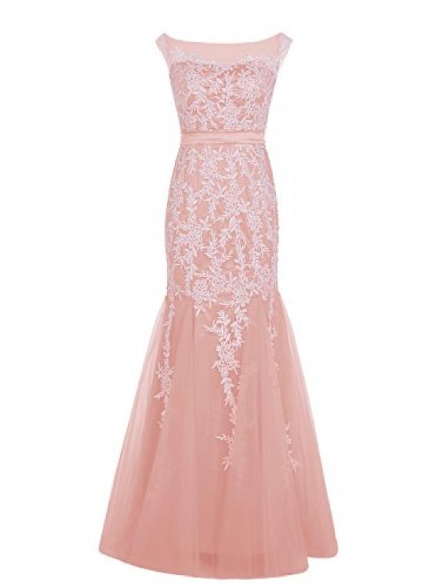 blush pink long lace mermaid wedding dress