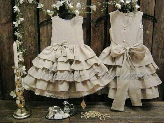 wedding photo - Country flower girl dress, rustic flower girl dress, flower girl dress, beige flower girl dress, linen flower girl dress, ruffle flower girl