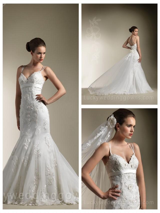 wedding photo - Dual Spaghetti Straps Beaded Lace Floral Mermaid Wedding Dress with Sweetheart Neckline