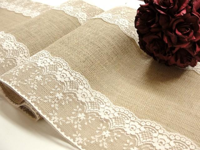 wedding photo - Burlap and lace table runner country wedding lace table top wedding decor Handmade in the USA
