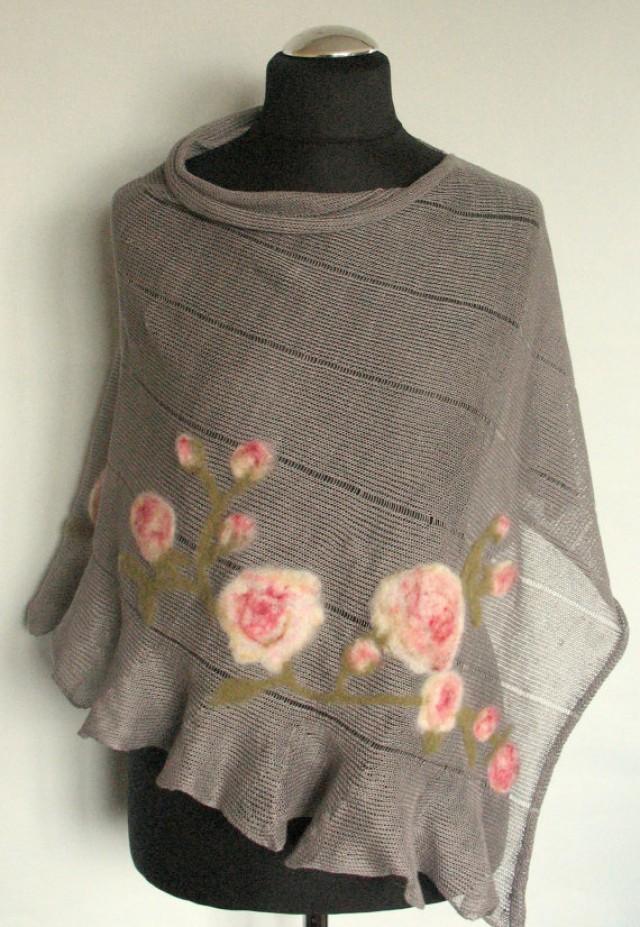 wedding photo - Linen Shawl Cape Clothing Natural Gray Pink Roses Flowers Felted Wool mothers day gift