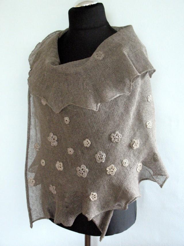 wedding photo - Linen Scarf Natural Gray Shawl Wrap Stole with Crocheted Flower