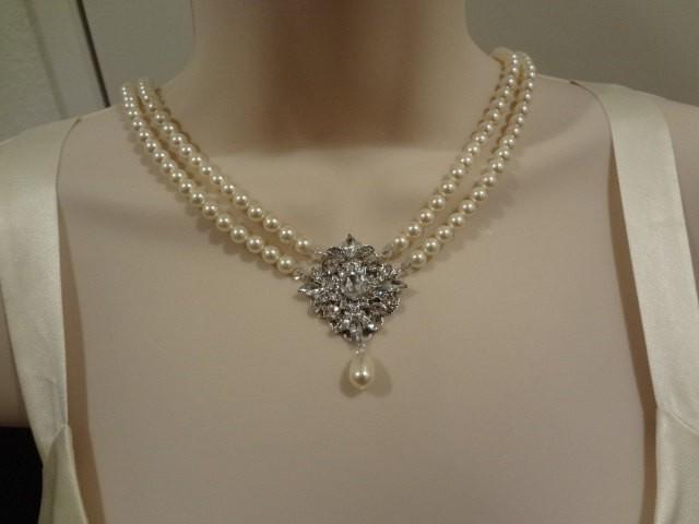 Bridal Pearl Necklace Bridal Gift Vintage Style Necklace Bridal jewelry Rhinestone Necklace Melissa
