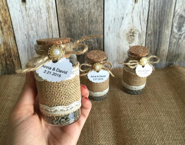 wedding photo - Rustic Wedding favors - lavender filled burlap and lace glass bottles - bridal shower favors with personalized tags.