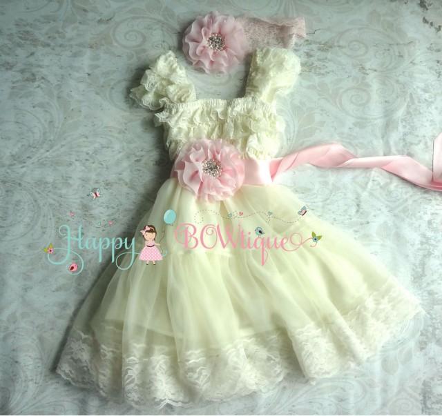wedding photo - Baby Girls' dress,Ivory Pink Chiffon Lace Dress set,baby girls clothing,Girls 1st Birthday dress,Flower girls dress,Princess Dress,Baby Girl