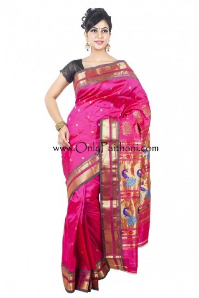 wedding photo - Bright pink paithani saree with grey border