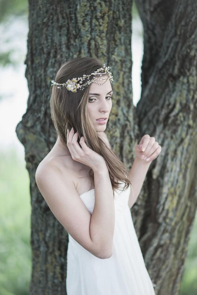 wedding photo - Bridal Gold Headpiece , Wedding Headband , Bridal Floral Halo , Swarovski Crystal Pearl Headpiece, Bohemian Bridal Hair Accessory