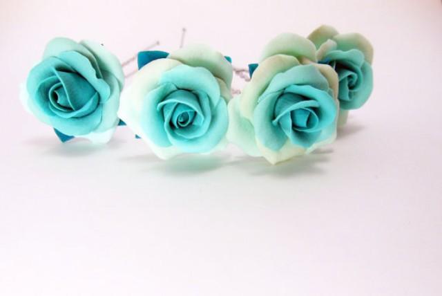 wedding photo - Set of 4 pieces of hair-pins turquoise rose, Accessories Bride, Wedding accessories, Turquoise wedding, Hairpins Bridesmaids