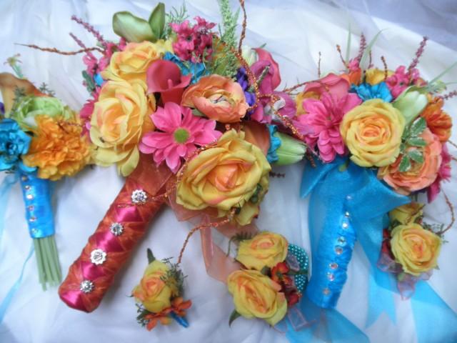 wedding photo - Big set Tropical Wedding Flowers. 1 Bridal Bouquet, 2 Bridesmaid 10 Boutonnieres. 2 Corsages. Beach Destination.Turquoise Orange Pink Coral