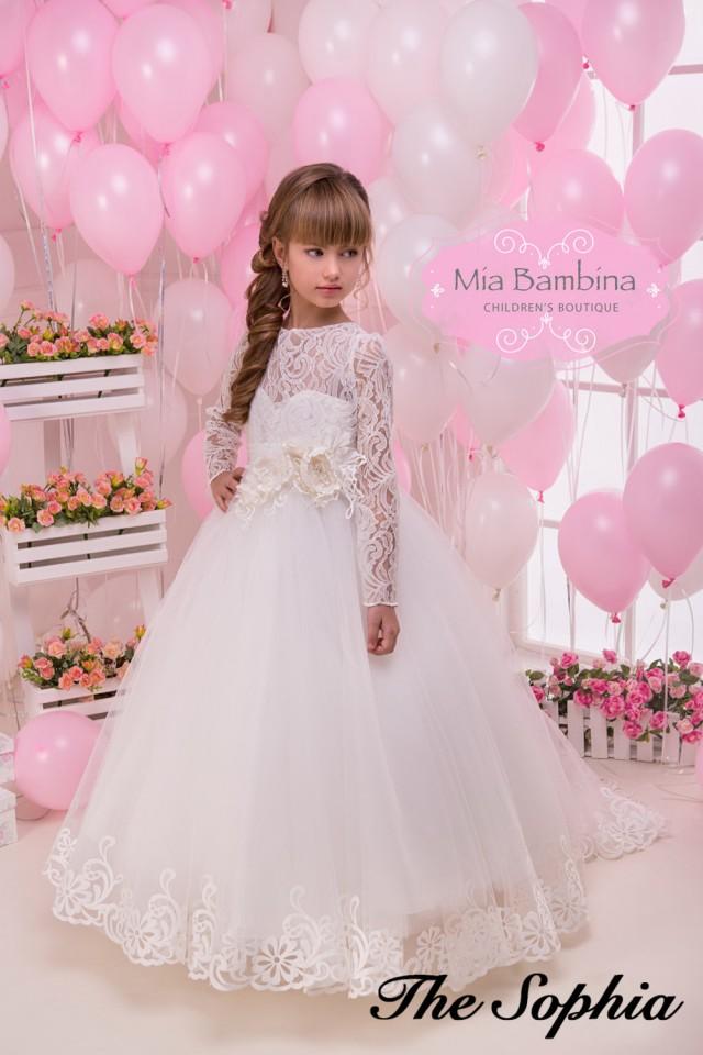 wedding photo - Lace Flower Girl Dress Long sleeve First Communion Dress 