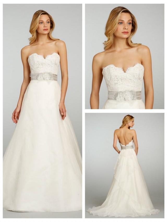 wedding photo - A-line Strapless Sweetheart Lace Wedding Dress with Floral Waist