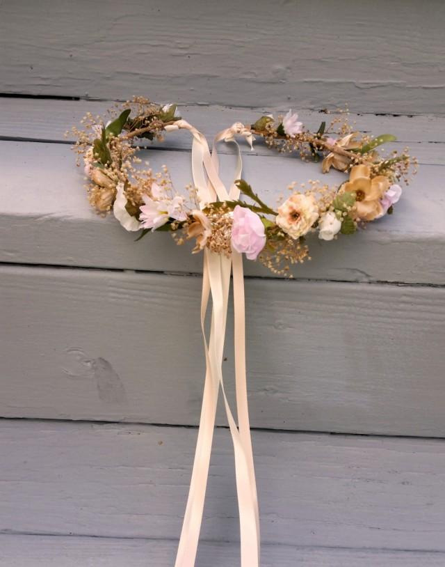 wedding photo - Champagne pink Blush flower crown Destination Wedding Bridal headpiece rose quartz dried hair wreath Accessories babys breath halo