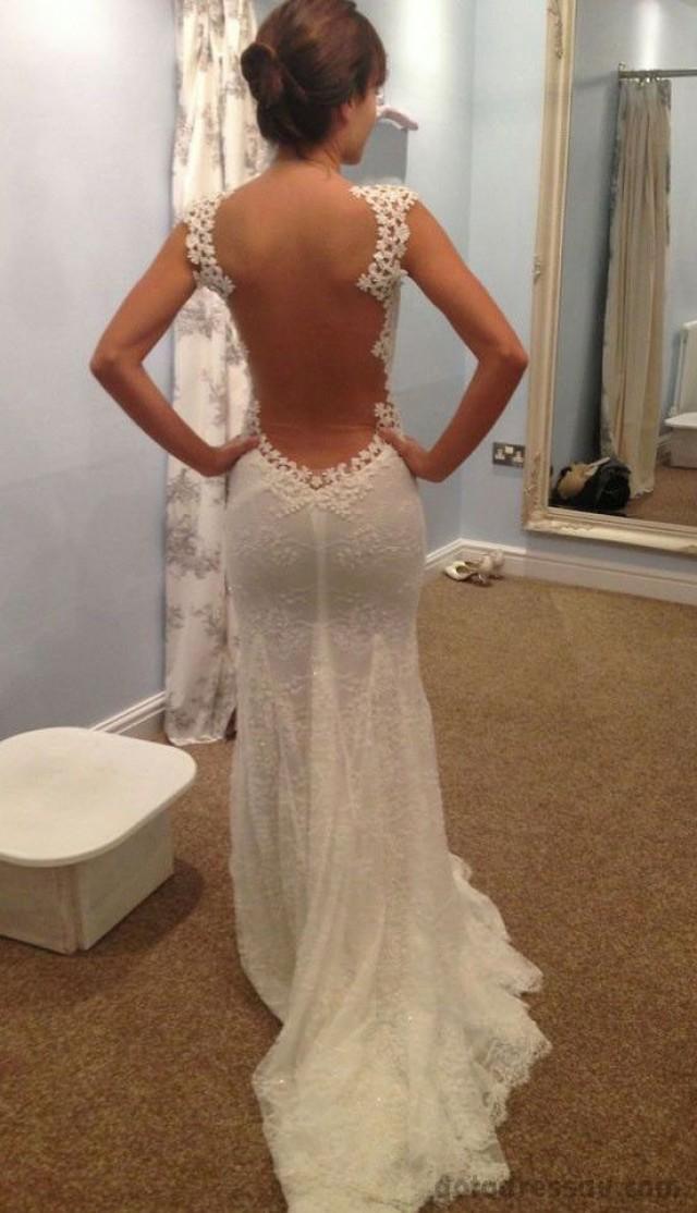 wedding photo - Ivory Lace Sexy Tulle Back Mermaid Bridal Wedding Dresses Gown Spaghetti Custom
