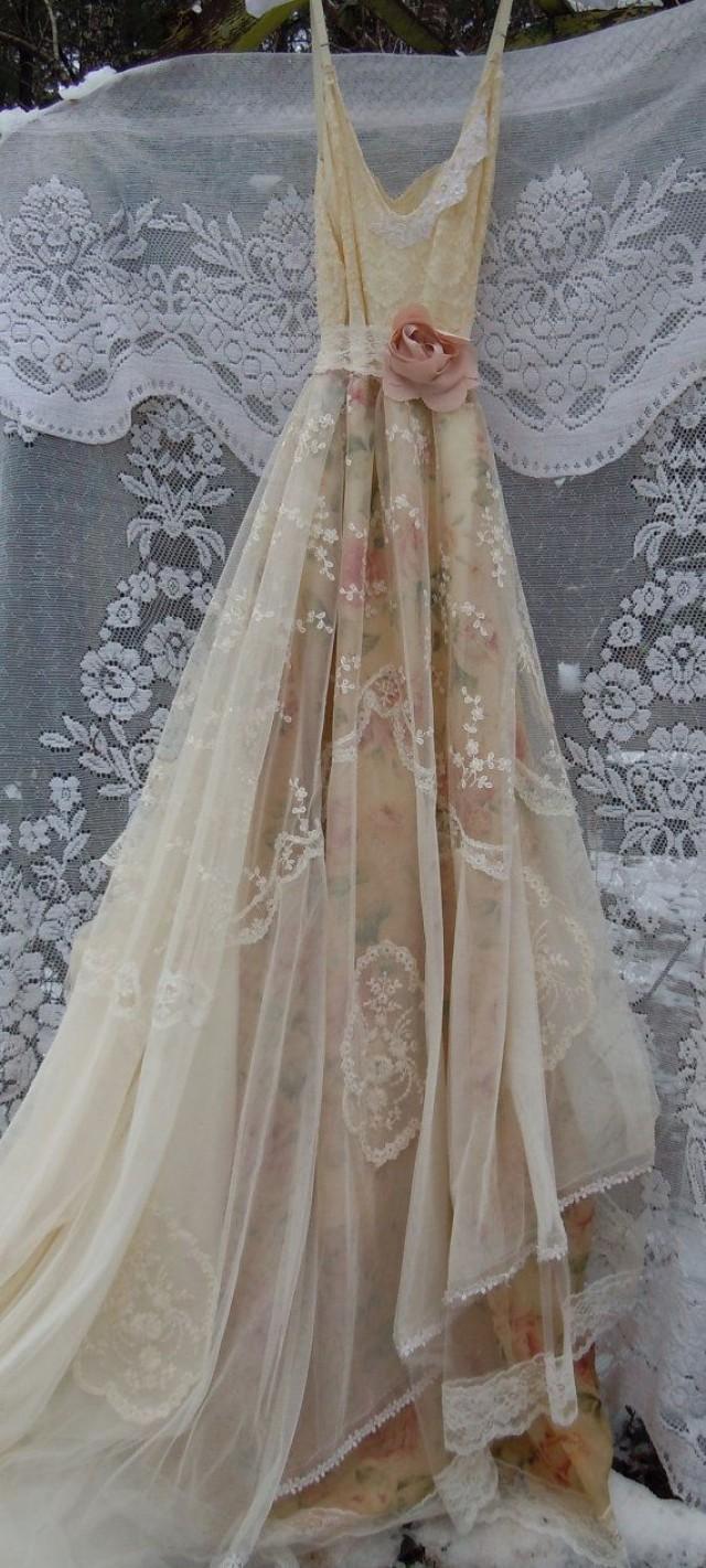 wedding photo - Lace Wedding Dress Boho Nude Floral Cream Vintage Embroidery Tulle Bohemian Bride Outdoor Romantic Small By Vintage Opulence On