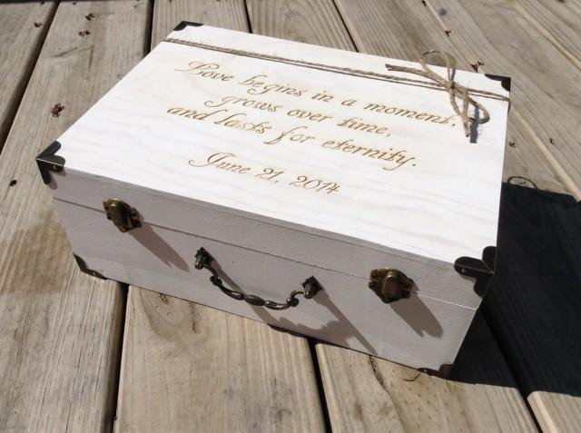 wedding photo - Large Engraved Wooden Card Box Suitcase Card Holder Rustic Wedding Whitewash