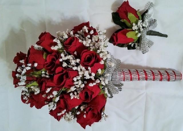 wedding photo - Red rose bridal bouquet and boutonniere set, Red rose brides bouquet, Red rose  wedding bouquet, Red rose Bouquet, Red bouquet