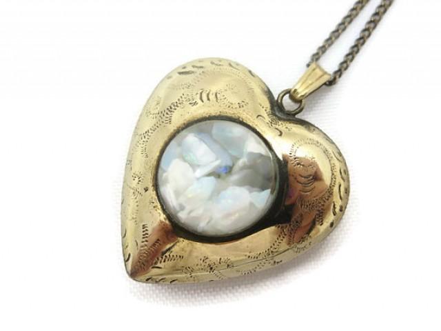 wedding photo - Opal Heart Pendant - 12k Gold Fill, Puffy Heart Charm, Etched, Bubble, October Birthstone