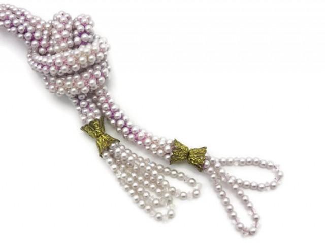 wedding photo - Pearl Lariat Necklace - Vintage Sautoir Bridal Costume Jewelry, Pink