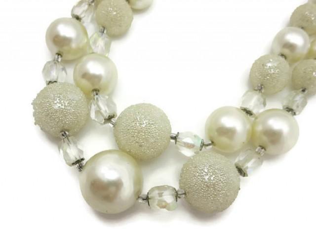 wedding photo - White Beaded Necklace - Double Strand Sugared Costume Jewelry
