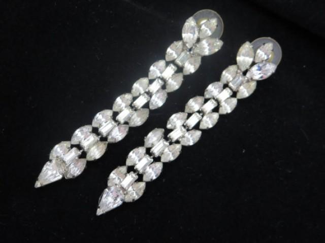 wedding photo - Long Rhinestone Earrings - Vintage Bridal, Wedding, Pierced Dangles