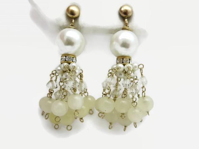 wedding photo - Tassel Earrings - Faux Pearls, 12k Gold Fill, Jade Beads, Clips