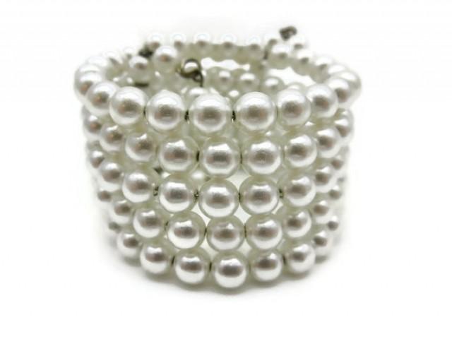 wedding photo - White Pearl Bracelet - Memory Wire Wrap Bangle Adjustable, Bridal, Wedding Costume Jewelry