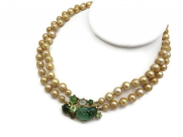 wedding photo - Castlecliff Pearl Necklace - Green Glass Stone Clasp, Costume Jewelry, 1950s, Bridal Wedding