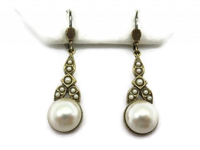 wedding photo - Pearl Dangle Earrings - Faux Pearls, Bridal, Wedding Costume Jewelry, Victorian Revival