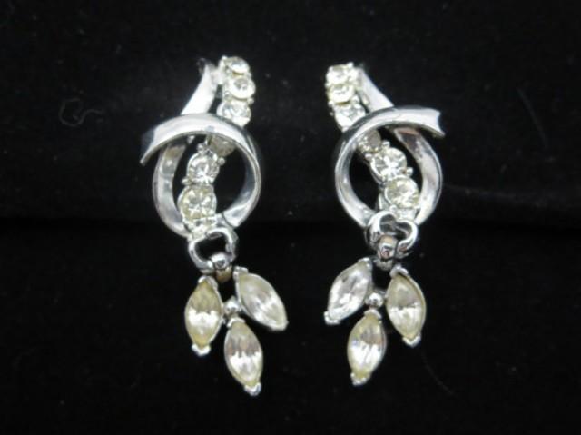 wedding photo - Coro Earrings - 1950s Clear Rhinestone Silver Tone Costume Jewelry Clips