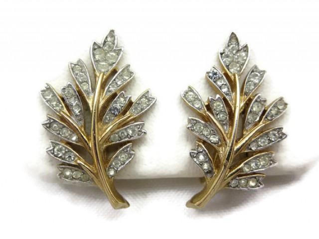 wedding photo - Trifari Rhinestone Earrings - Leaf, Bridal Wedding Costume Jewelry
