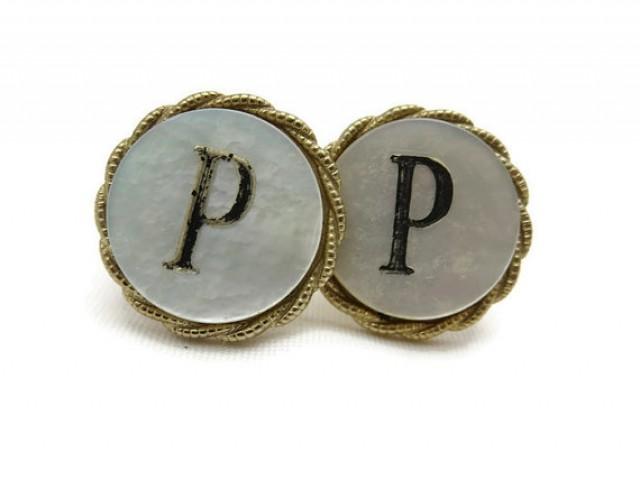 wedding photo - Initial P Cufflinks - Mother of Pearl, Mens Cuff Links