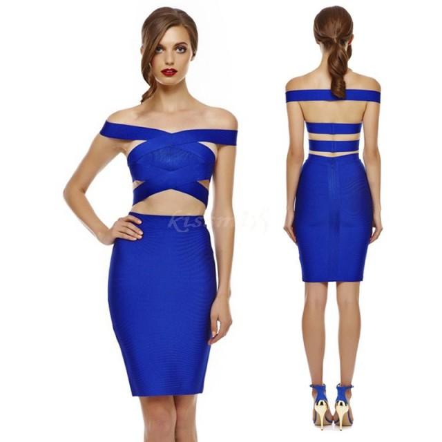 wedding photo - Sexy Blue Criss-Cross Off The Shoulder Cut Out Two Piece Bandage Dress