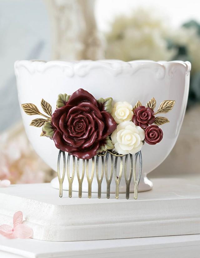 wedding photo - Burgundy Marsala Wedding Hair Comb Ivory Maroon Dark Red Gold Leaf Branch Floral Flower Bridal Hair Comb Bridesmaid Gift Country Chic