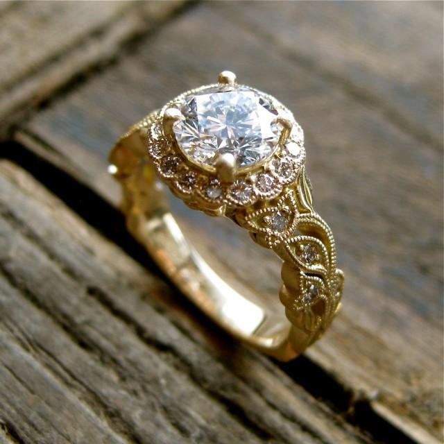 wedding photo - Round Brilliant Cut Diamond Engagement Ring in 18K Yellow Gold with Vintage Inspired Flower Buds on Vine Motif and Satin Finish Size 5