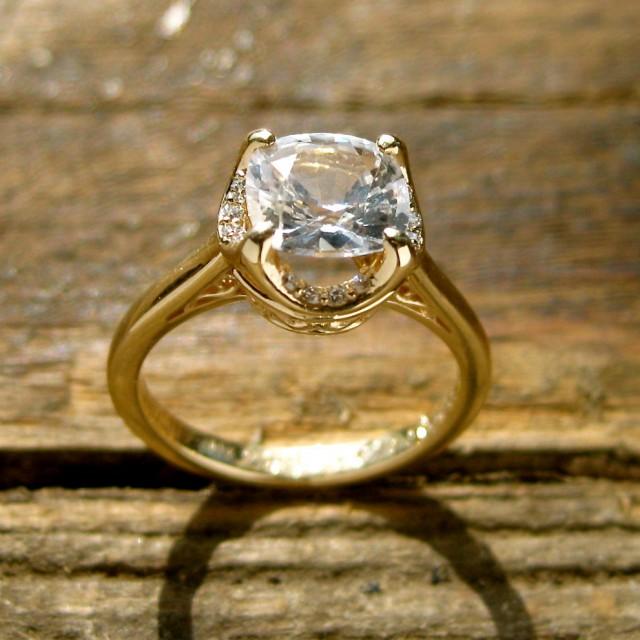 wedding photo - Cushion Cut White Sapphire Engagement Ring in 14K Yellow Gold with Diamonds Scrolls and Filligree Size 5