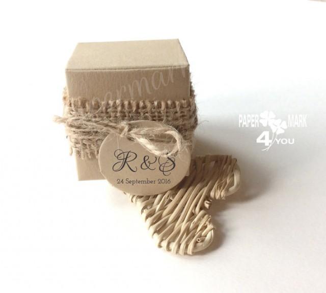 wedding photo - 25 Pack of Square Favor Box Rustic 2"_Burlap Box _ Cube Box 2"_ Favor Box Kraft Color_ Jewelry Box 5 cm_ Including 25 Tags_ All colors